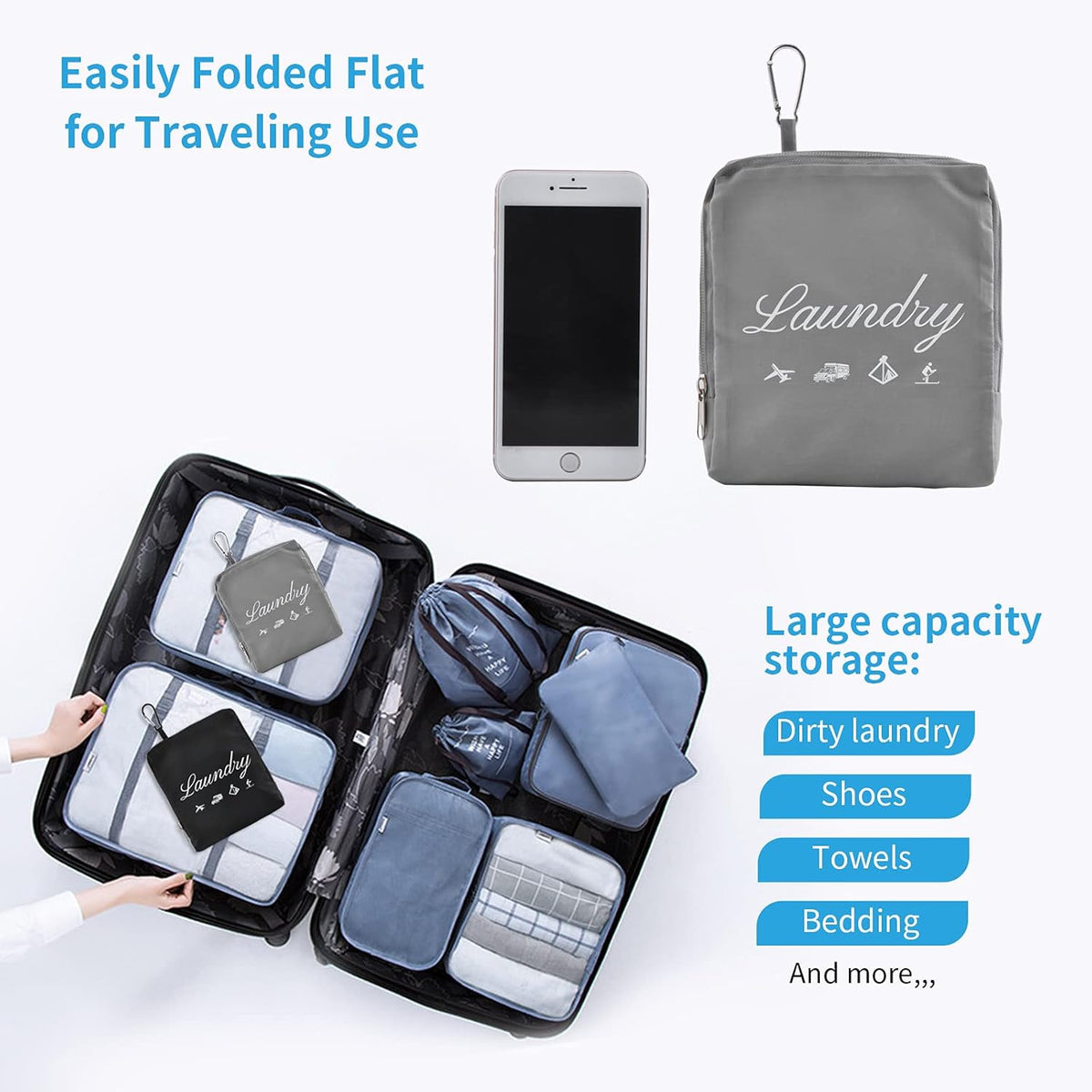 2 Pcs JHX Travel Laundry Bags, Dirty Clothes Organizer【Upgraded】with Handles and Aluminum Carabiner for Travel, Camp, Fitness, and Students
