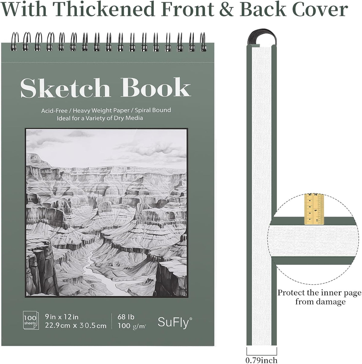 SuFly Sketch Book 9x12, Drawing Paper Pad-68lb/100gsm, Top Spiral Sketchbook Hardcover, 100 Sheets Sketch Pad for Kids Classroom Art Supplies for