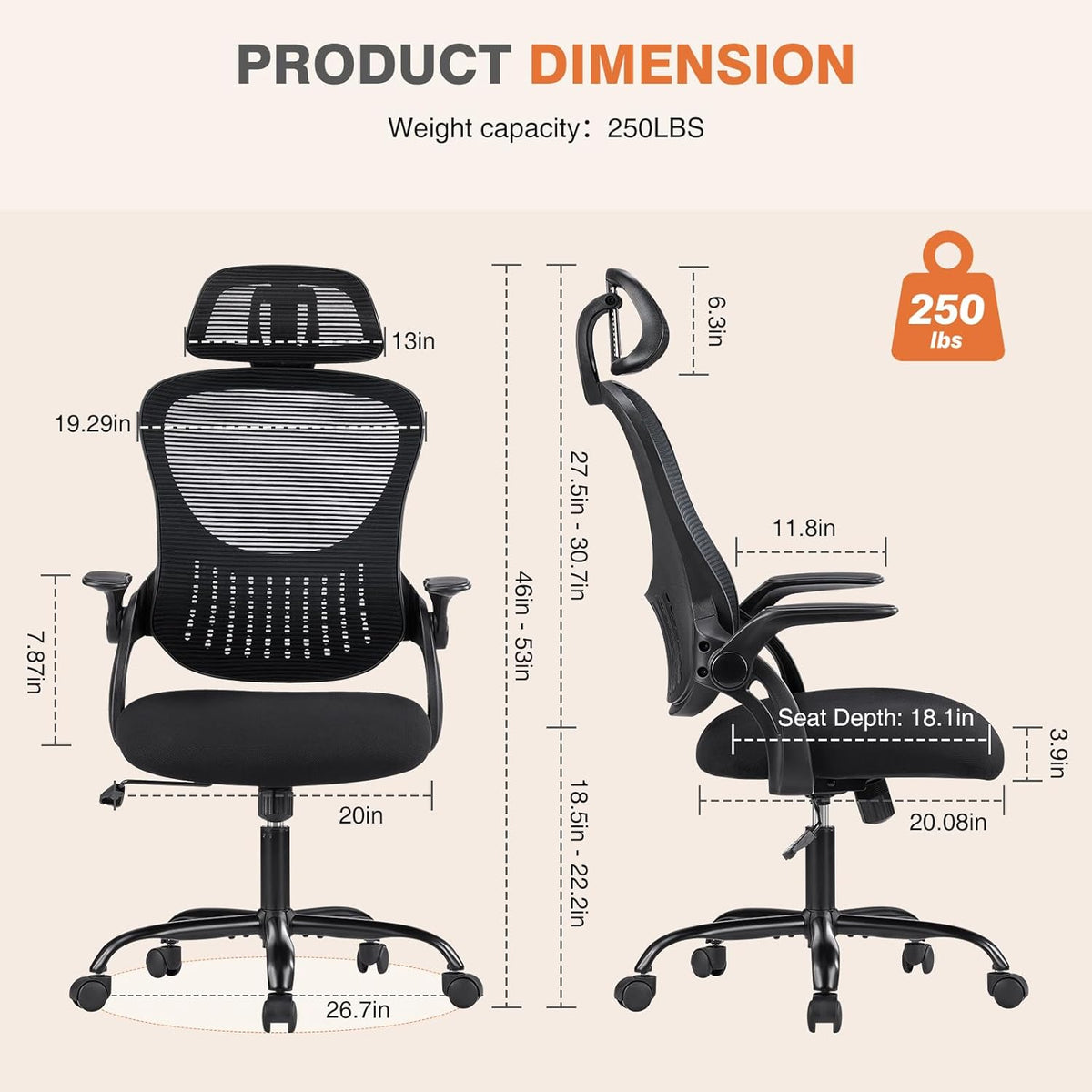 Sweetcrispy Office Computer Desk Chair, Ergonomic High-Back Mesh Rolling Work Chairs with Wheels and Adjustable Headrests, Comfortable Lumbar