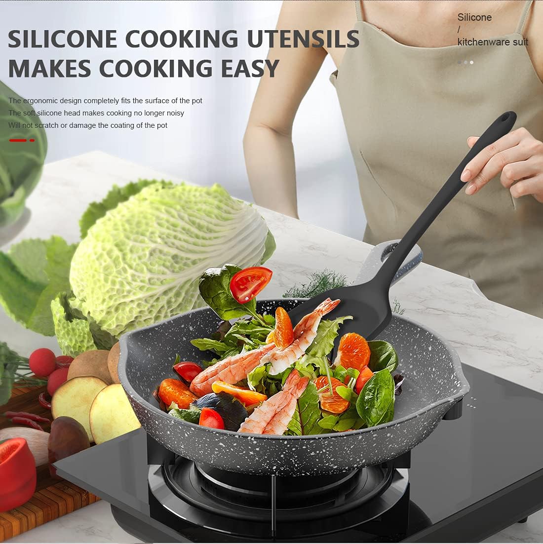 Silicone Cooking Utensils Set - 446°F Heat Resistant Kitchen Utensils,Turner Tongs,Spatula,Spoon,Brush,Whisk,Kitchen Utensil Gadgets Tools Set for