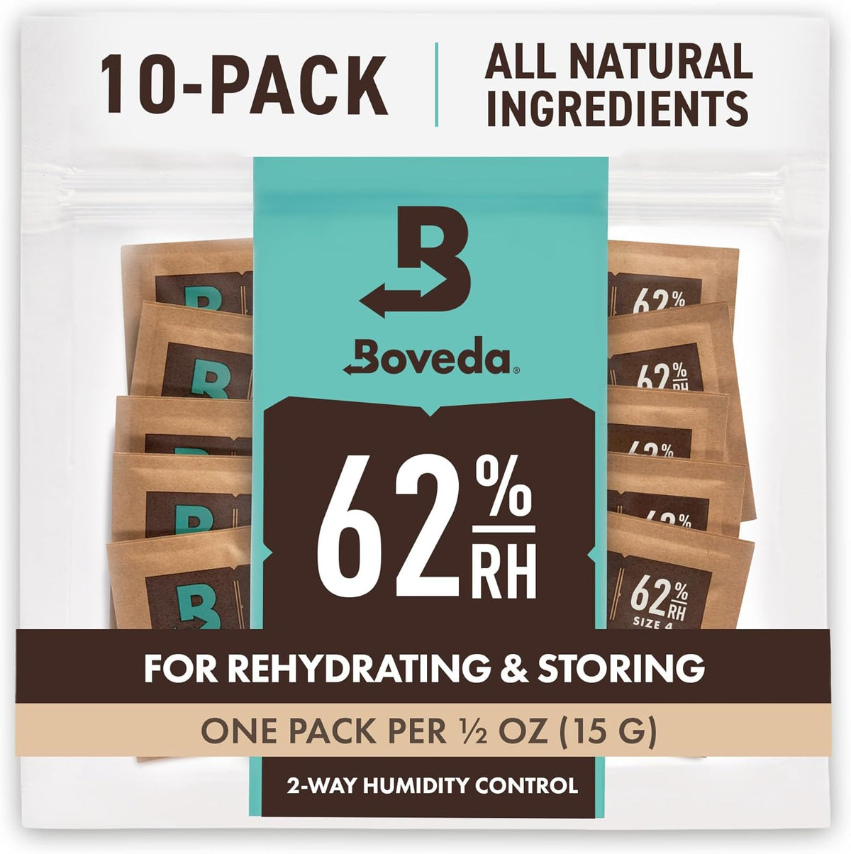 Boveda 62% Two-Way Humidity Control Packs For Storing ½ oz – Size 4 – 10 Pack – Moisture Absorbers for Small Storage Containers – Humidifier Packs