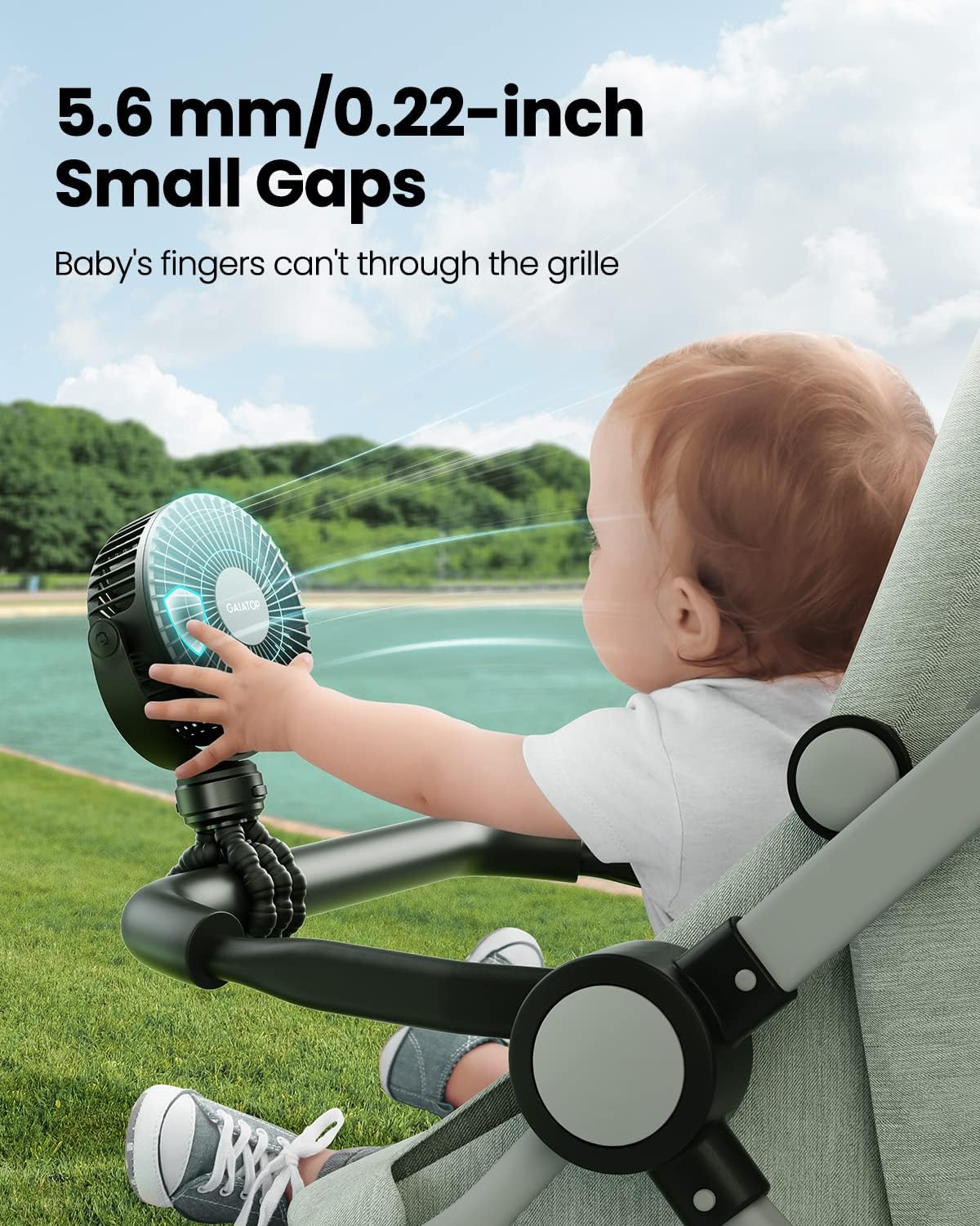 Gaiatop Mini Portable Stroller Fan, Battery Operated Small Clip on, Detachable 3 Speed Rechargeable, 360° Rotate Flexible Tripod Better Cooling for