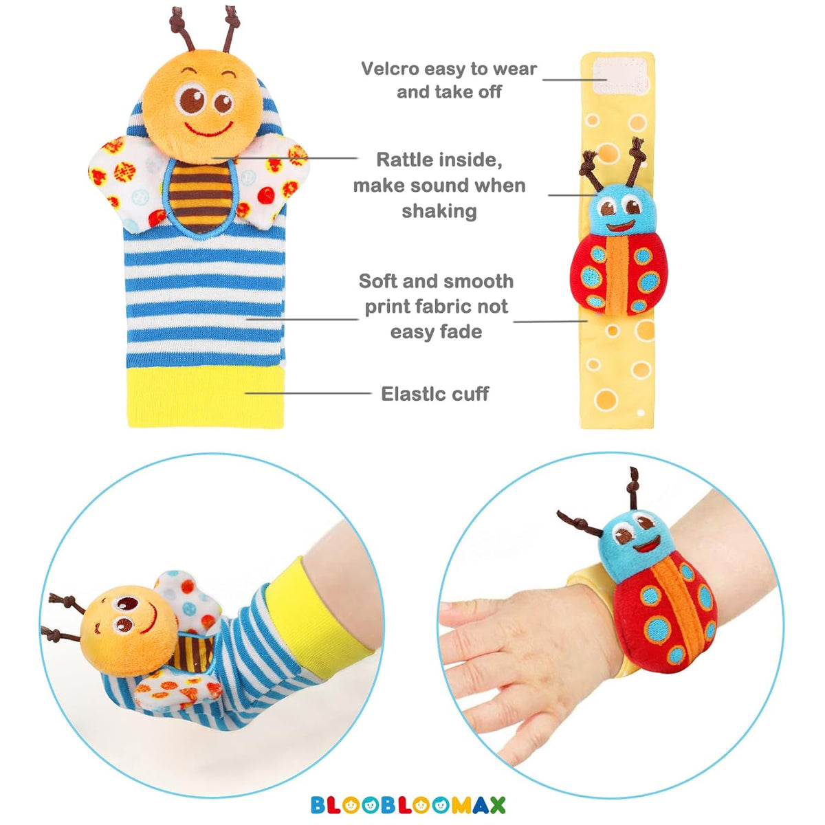 Bloobloomax Wrist Rattle Socks and Foot Finder Set, Infant Girl Boy Toys for Babies 0-36 Months, Newborn Hand & Foot Toys for 0 to 3 Years, Baby