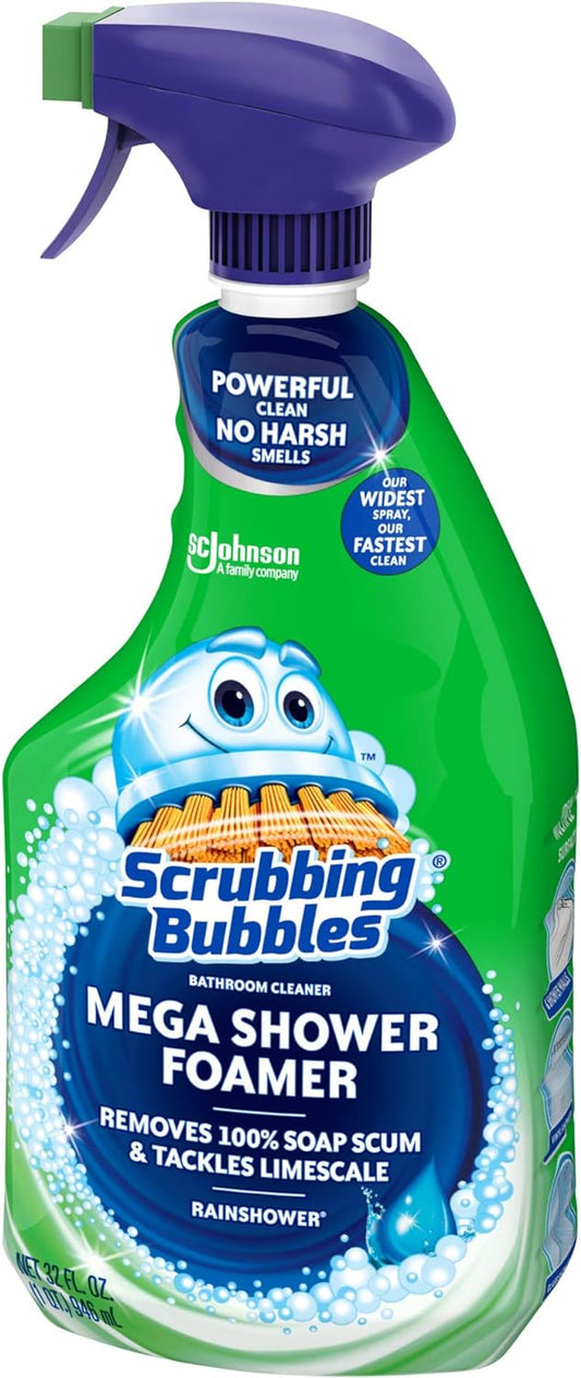 Scrubbing Bubbles Mega Bathroom and Shower Cleaner Spray, Foaming Action Removes Limescale and Soap Scum, Rainshower Scent, 32oz