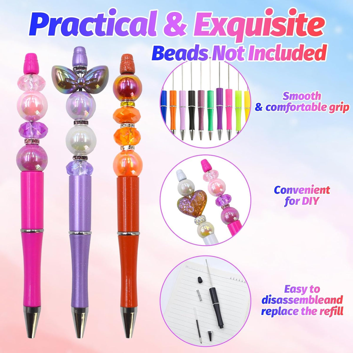 150 Pieces DIY Beadable Pen Kit – 50 Plastic Ballpoint Pens with Refills & Bags, Beads Not Included – School Supplies, Office Accessories & Craft