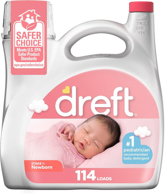 Dreft Stage 1 Newborn Baby Liquid Laundry Detergent, Gentle on Sensitive Skin, HE Compatible, 114 loads