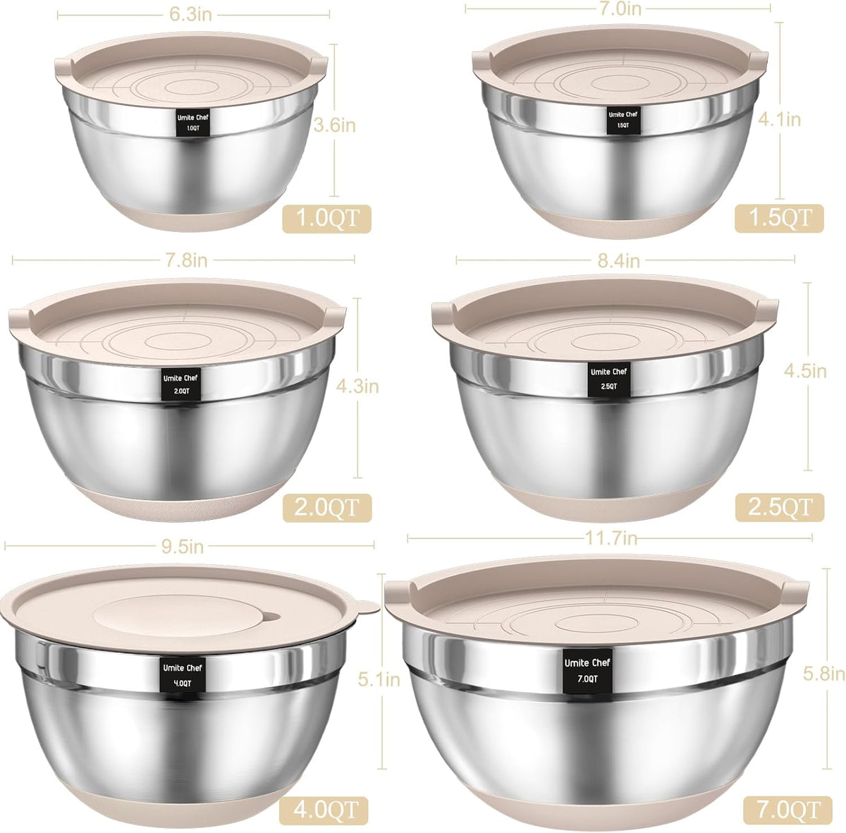Mixing Bowls with Airtight Lids Set, 26PCS Stainless Steel Khaki Bowls with Grater Attachments, Non-Slip Bottoms & Kitchen Gadgets Set, Size 7, 4