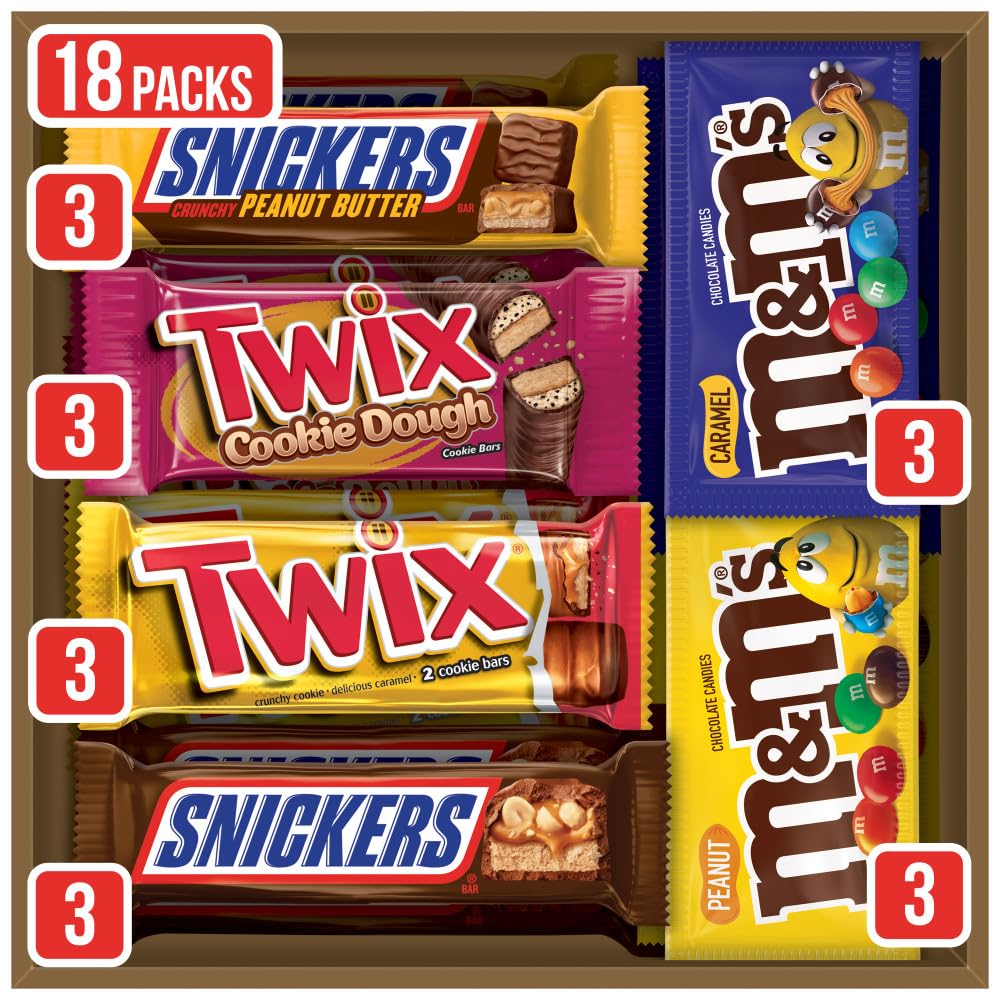 MARS M&M'S Peanut, M&M'S Caramel,SNICKERS Original,SNICKERS Peanut Butter Squared, TWIX Original and Cookie Dough Variety Pack Full Size Individually