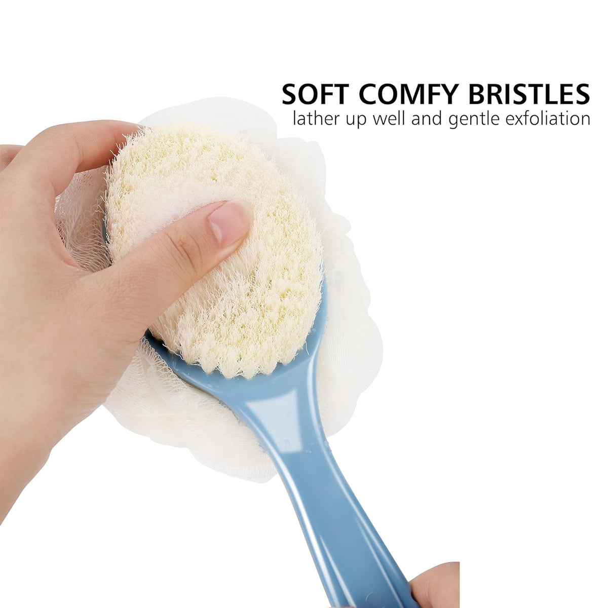 Shower Body Brush with Bristles and Loofah,Back Scrubber Bath Mesh Sponge with Curved Long Handle for Skin Exfoliating Bath, Massage Bristles
