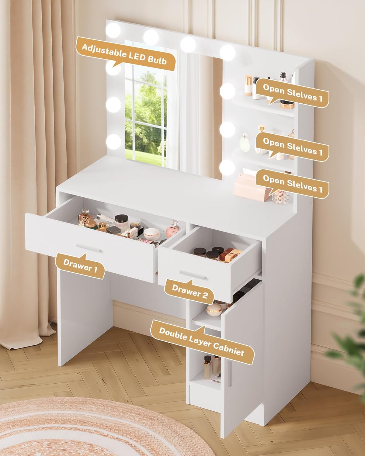 Lighted Makeup Vanity Desk, 35.4“W x 15.7'”D x 54“H, White (with Lights and Mirror, Dimming Function, 2 Drawers and 1 Cabiniet, Open Shelves) by