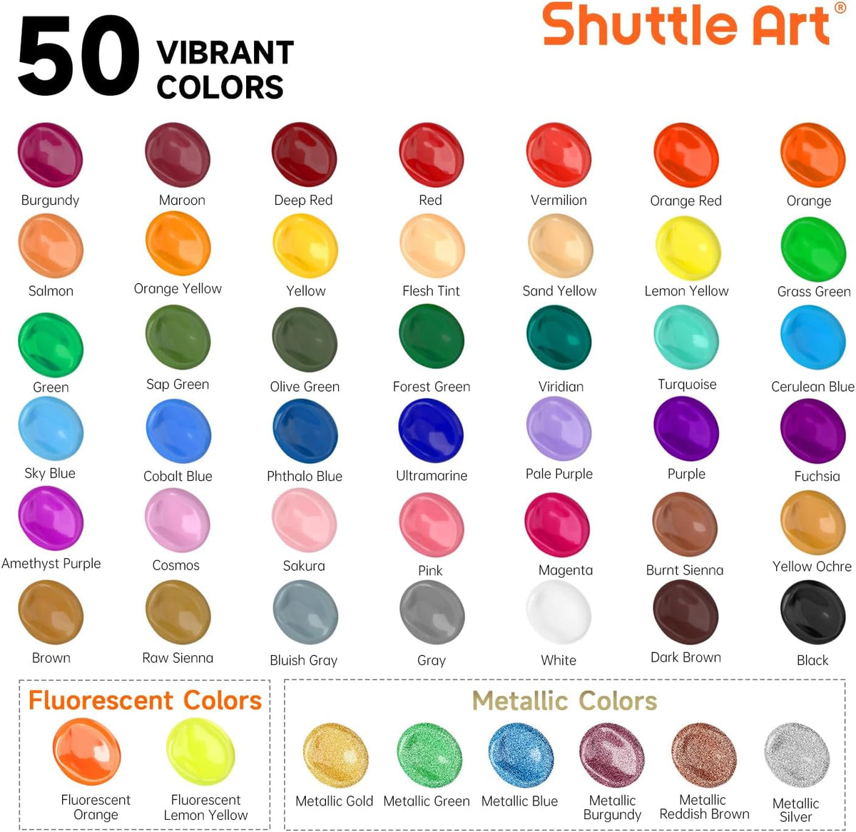 Shuttle Art Acrylic Paint, 50 Colors Acrylic Paint Set, 2oz/60ml Bottles, Rich Pigments, Water Proof, Premium for Artists, Beginners and Kids on