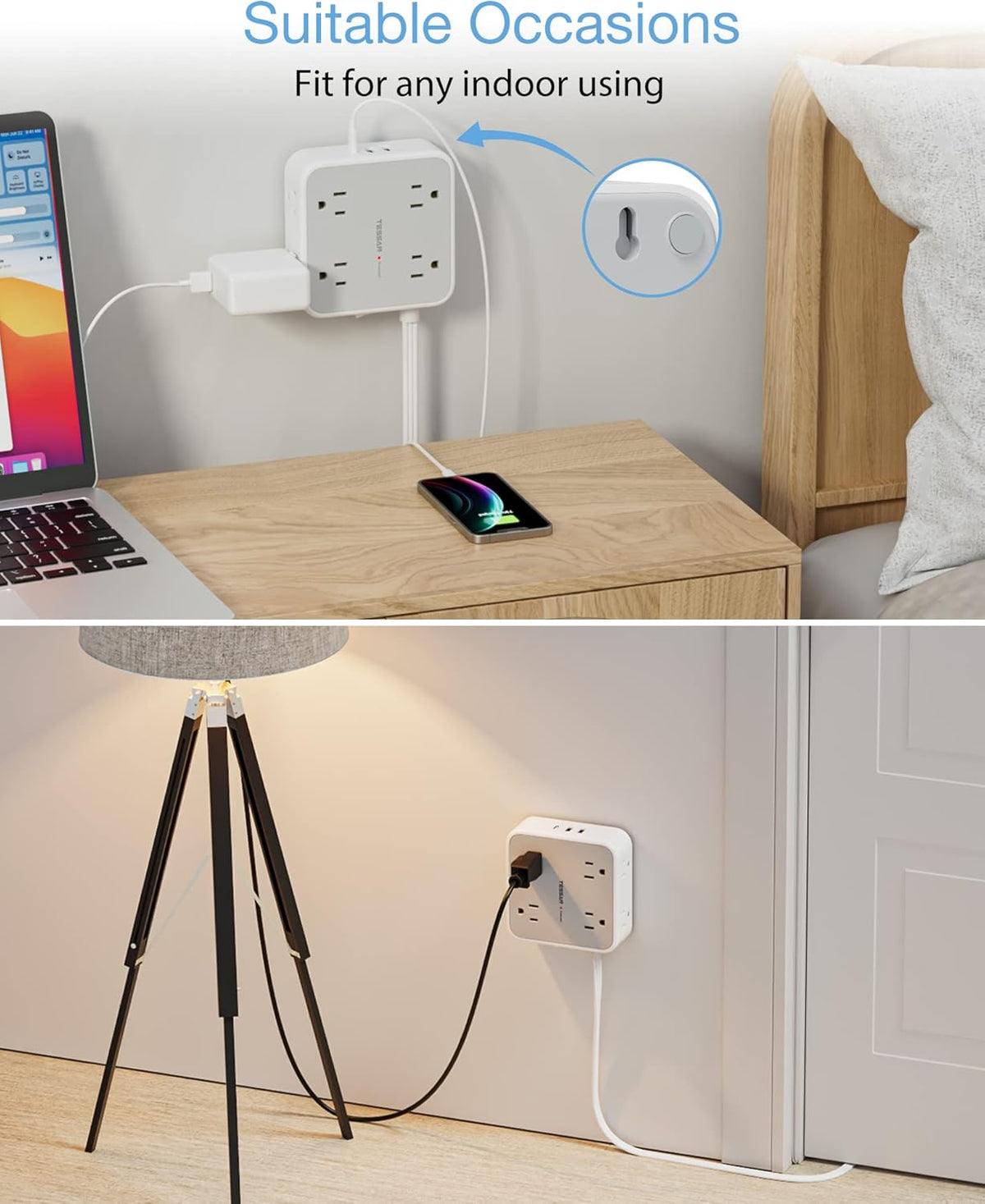TESSAN Surge Protector Power Strip, 5 Ft Flat Plug Extension Cord with 3 USB (1 USB C) 8 Outlets, 1250W, 900J Protection, 3 Sided Outlet Extender