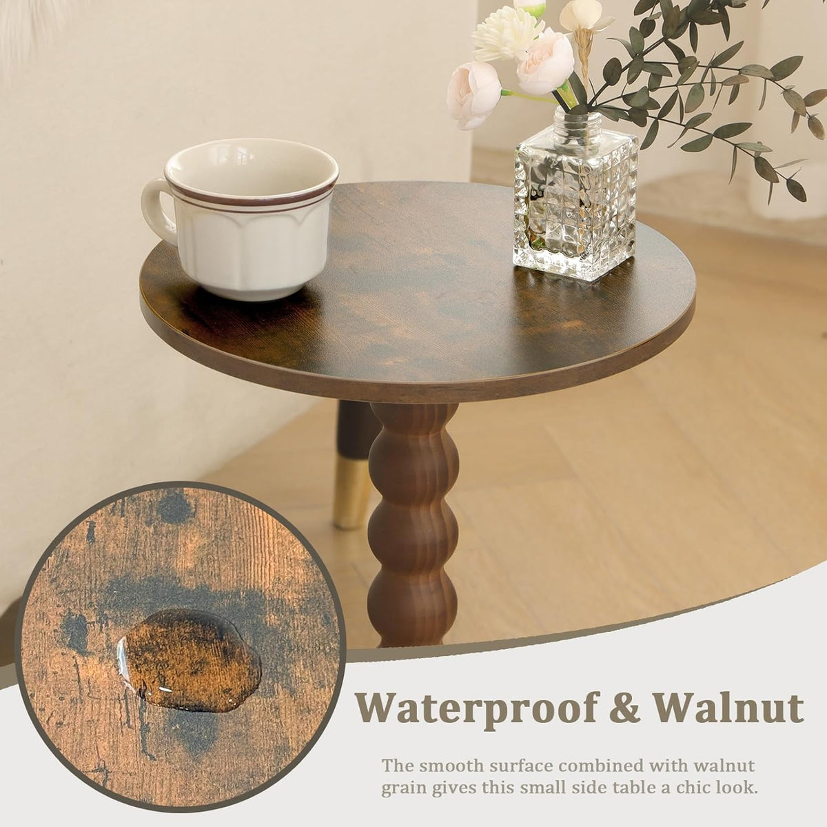 Round Side Table, Small Drink Table for Small Spaces, Modern Accent Nightstand with Solid Wood Leg for Living Room, Bedroom, Corners, and Office
