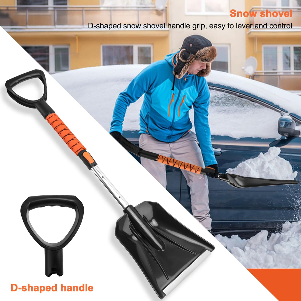 Car Snow Brush Snow Shovel Kit, 42'' Extendable Ice Scrapers and Snow Brushes for Car Windshield with Foam Grip 180° Pivoting Brush Head Snow