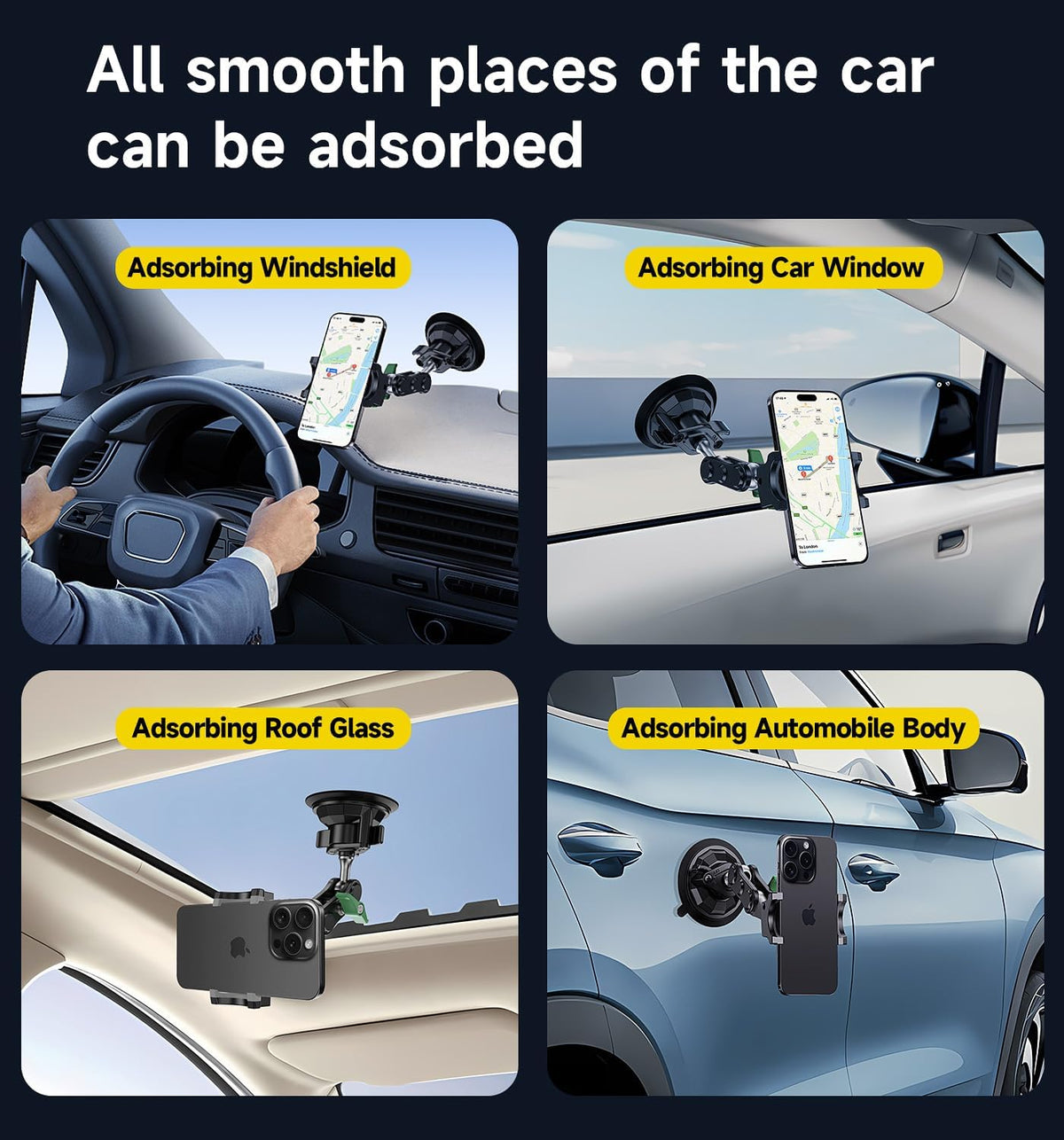 MAGIC JOHN Car Phone Holder, Ultra-Durable Mteal Phone Holders for Your Car, 360° Rotation Cell Phone Car Mount for Windshield, Suction Cup Car Phone