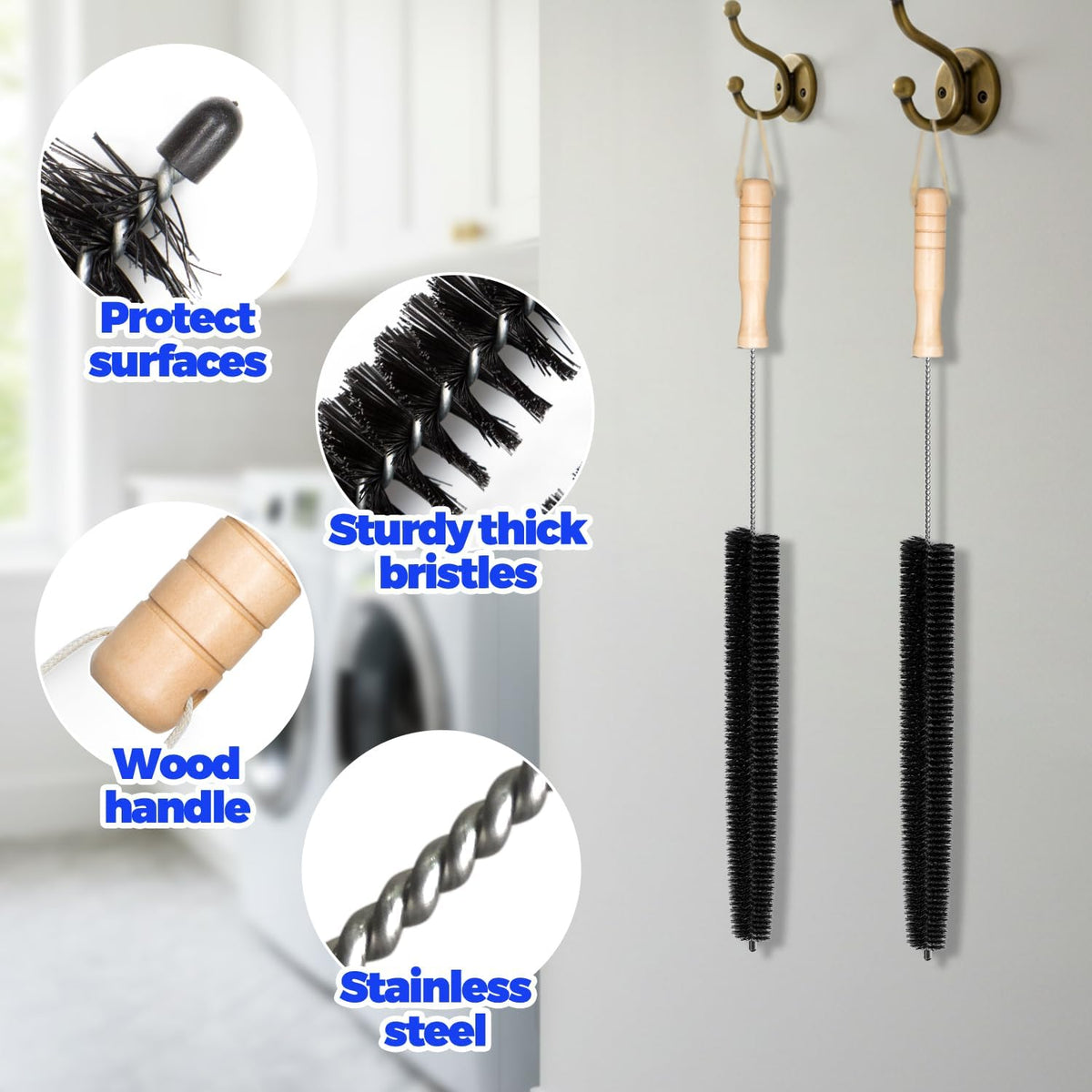 Holikme Dryer Vent Cleaner Kit 2 Pack - Household Cleaning Supplies 304 Stainless Steel Dryer Lint Brush Home Essentials for Lint Trap Dust Vacuum