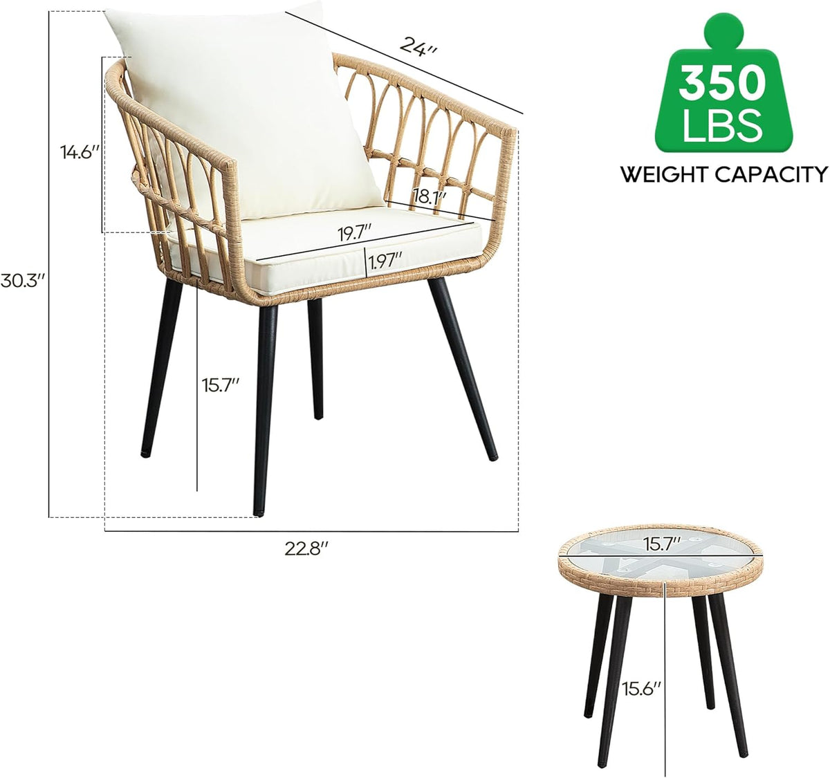 3 Piece Patio Bistro Set, Outdoor Wicker Apartment Balcony Furniture Sets, Rattan Table and Chairs Set of 2 for Porch Backyard Lawn Poolside Deck