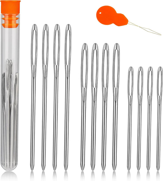 TLKKUE 12 Pcs/3 Sizes Large-Eye Blunt Needles, Steel Yarn Needle with Needle Threader, Tapestry Needle for Sewing Crochet Knitting Embroidery (Silver