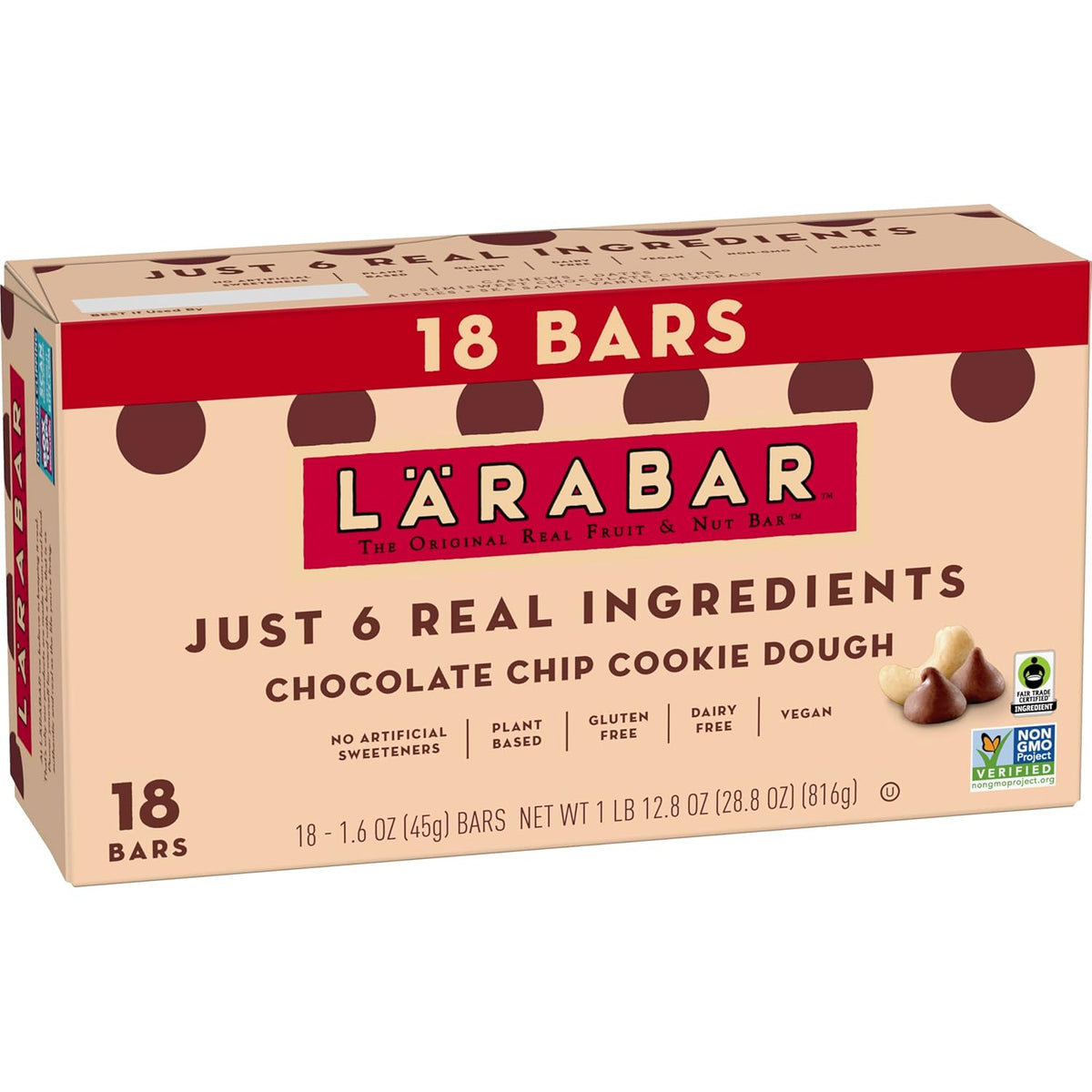 Lärabar Chocolate Chip Cookie Dough Vegan Gluten Free Fruit & Nut Bar, Plant Based, Dairy Free, Kosher, Non-GMO, 18 Ct (1.6 Oz Each) Made With 6