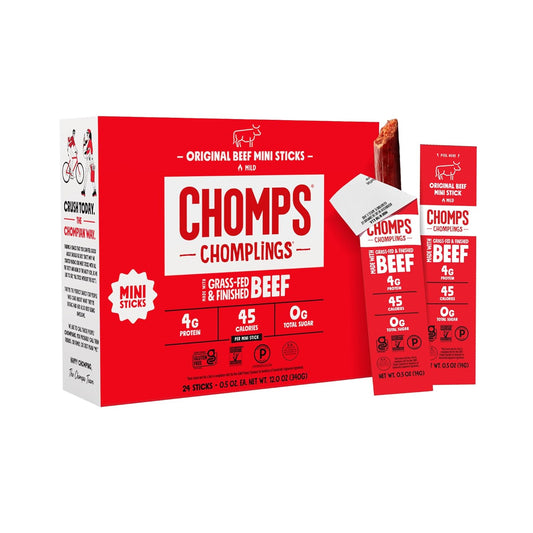 Chomps Snack Size Grass-Fed Original Beef Jerky Snack Sticks 0.5oz 24-Pack - Keto, Paleo, Whole30, 4g Lean Meat Protein, Gluten-Free, Zero Sugar