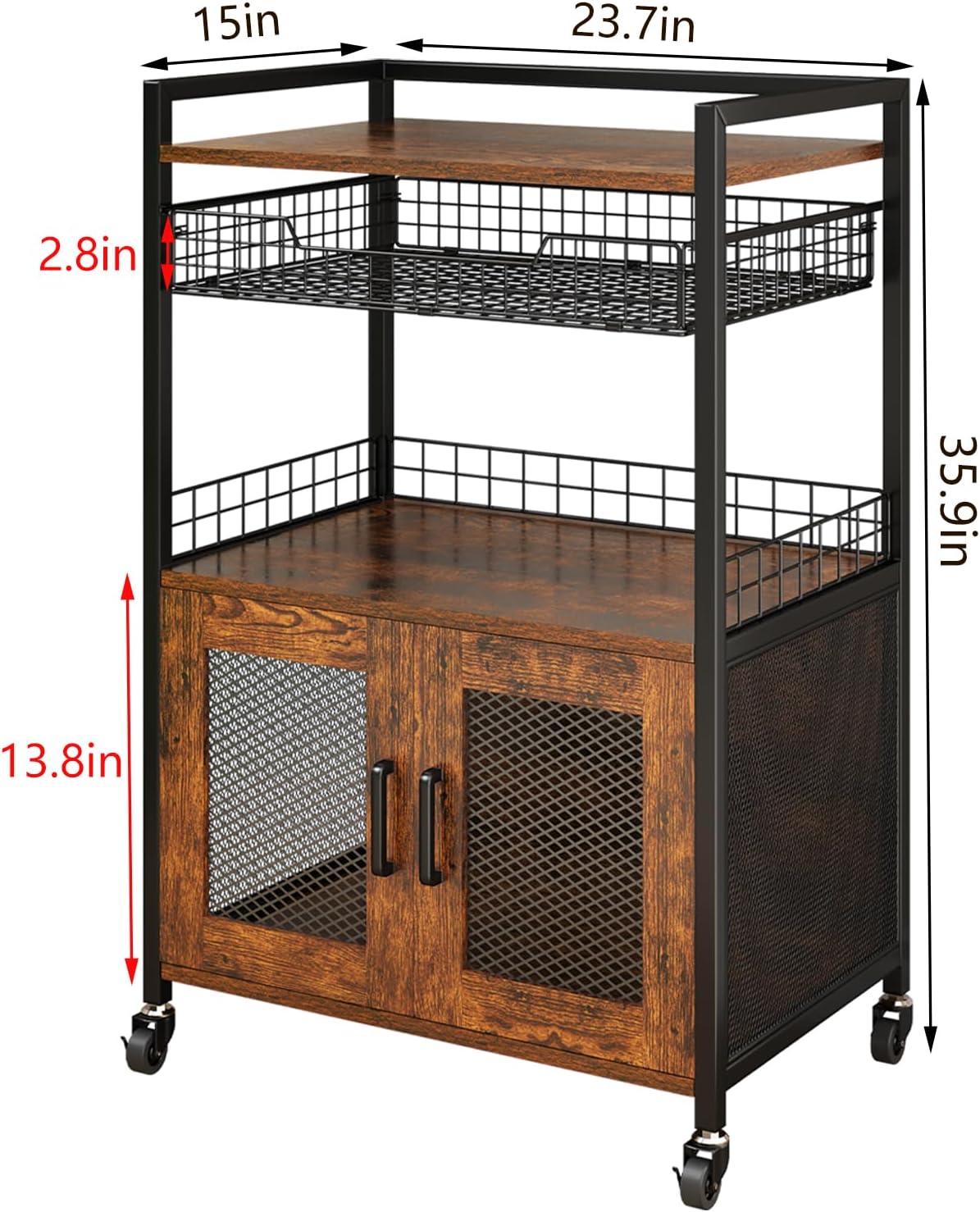Coffee Bar Cabinet, 3 Tier Coffee Station Table on Wheels, 35.9" H Bar Cart with Wire Basket Drawer & 5 Hooks for Home Kitchen, Liquor Buffet