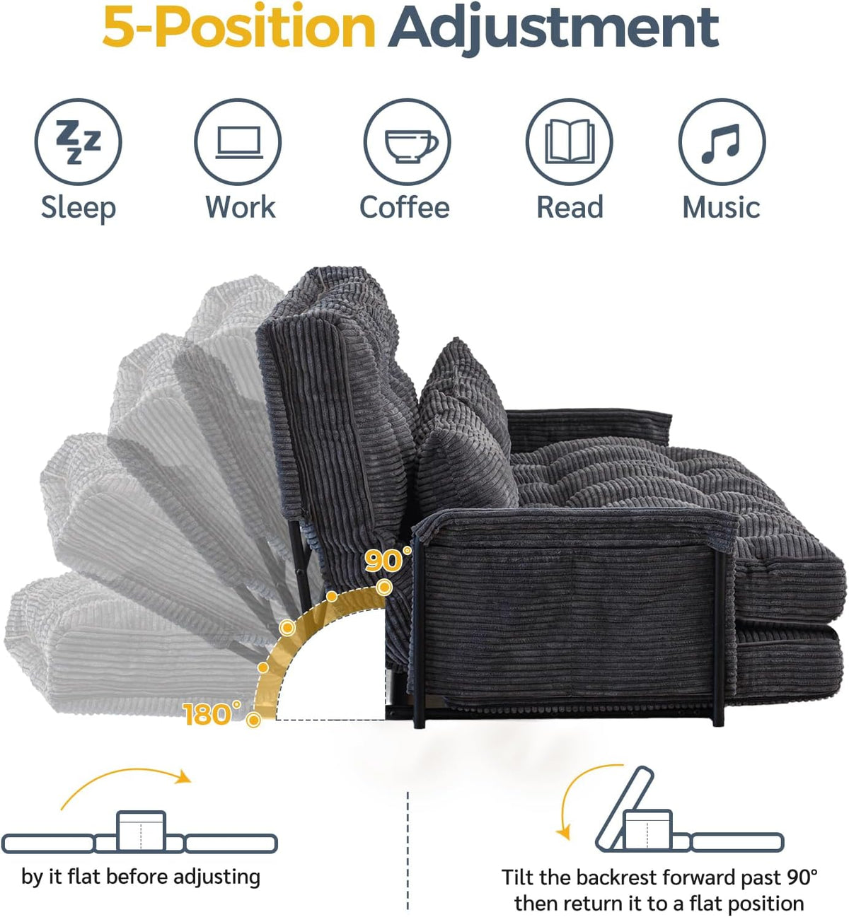MAXYOYO Adjustable Floor Sofa Couch with 2 Pillows, Multi-Functional Bean Bag Bed, 5-Position Foldable Lazy Sofa Sleeper Bed with Armrest, Versatile