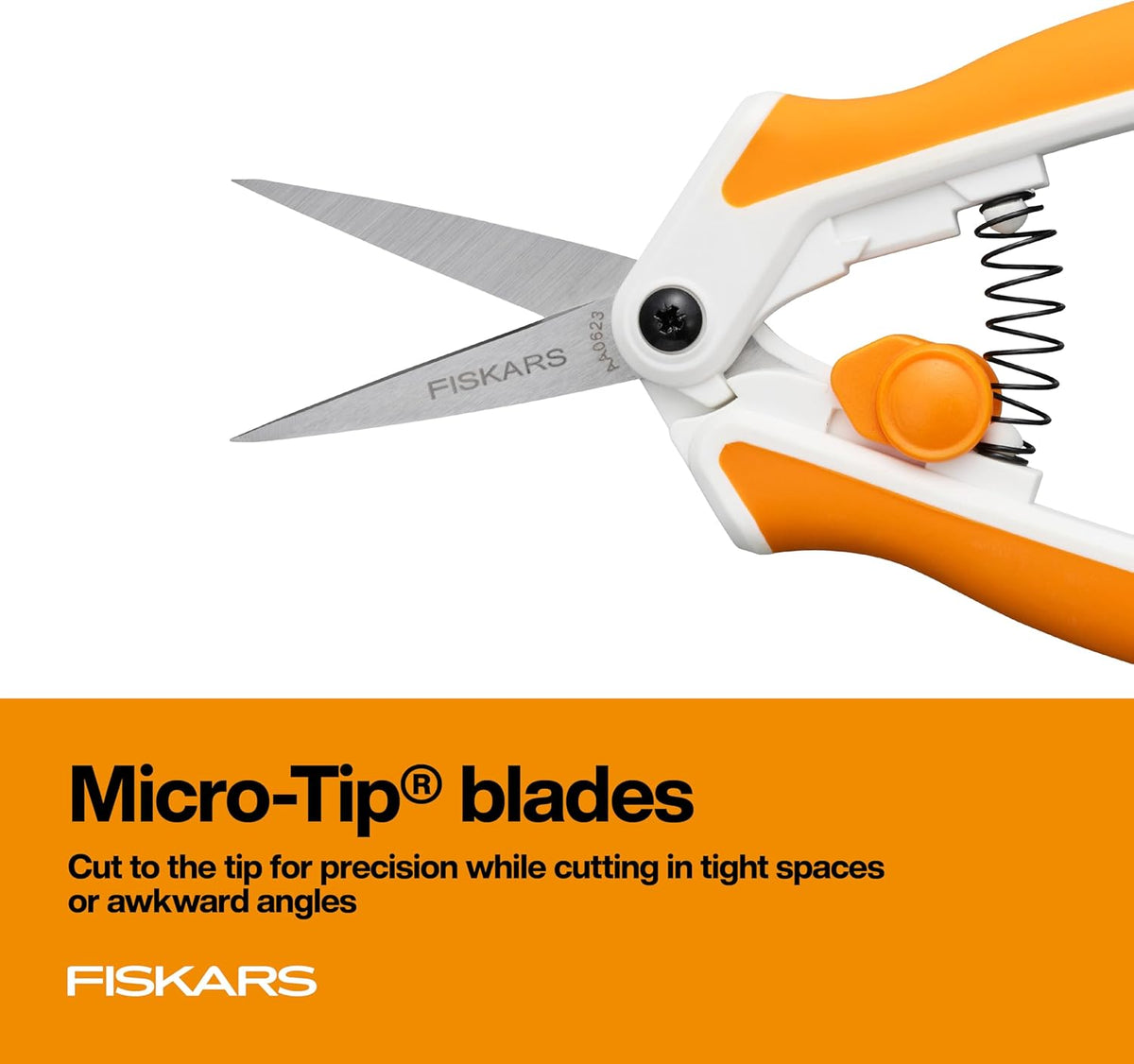 Fiskars Micro-Tip Spring Assisted Scissors, Precision Cutting Stainless Steel Blades, Comfort Handle, Cut Details in Fabric, Sewing Scissors and Arts