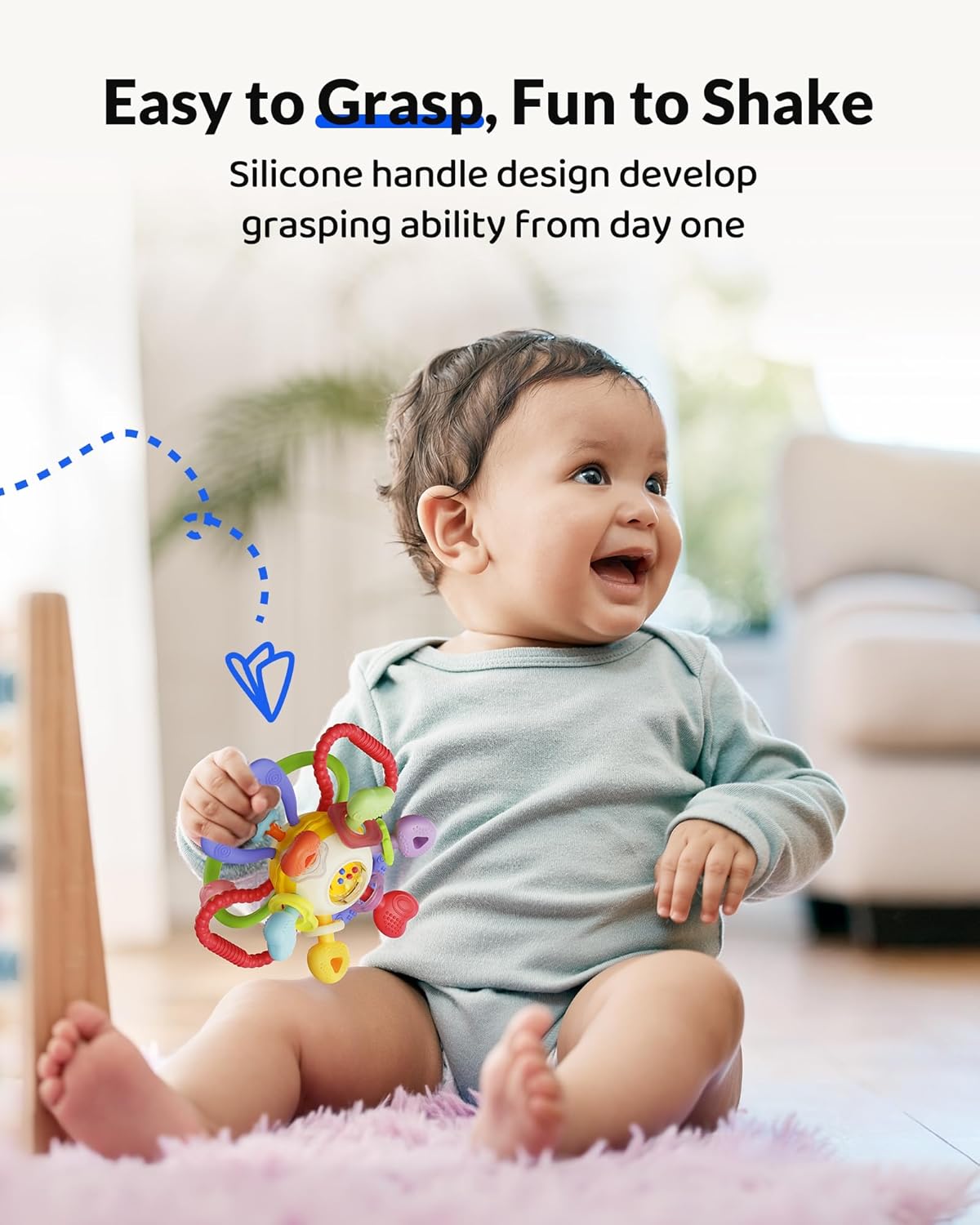 Baby Montessori Sensory Teething Toy – Safe, Multi-Functional BPA-Free Silicone Teether Toy for Babies 0-12 Months – Vibrant Rattle for Teething