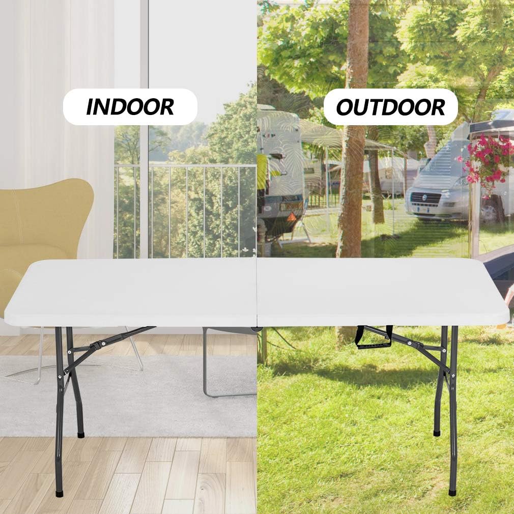 6FT Picnic Table Folding Table Camping Table Plastic Table Fold Up Table Lock for Party Event,White