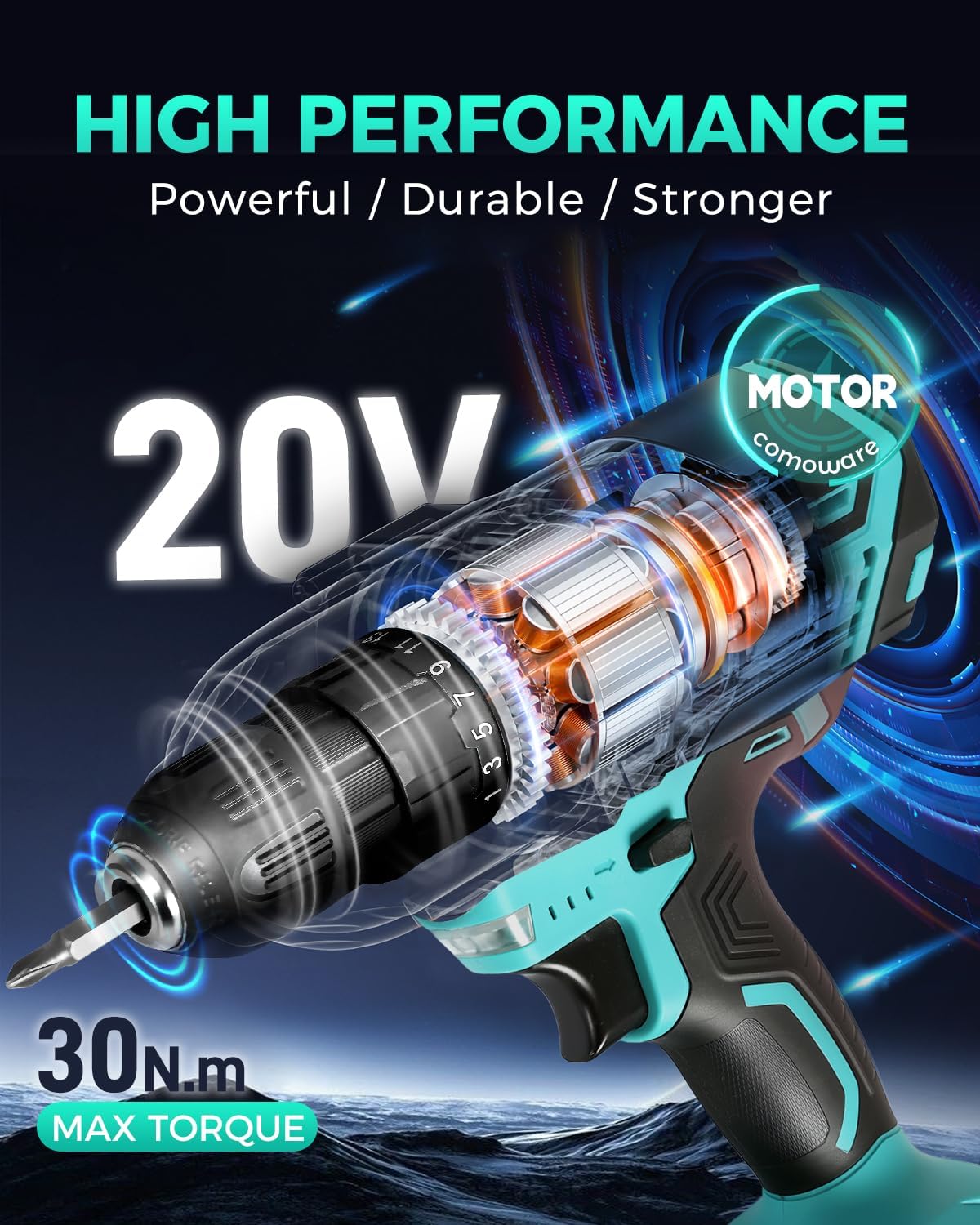 COMOWARE 20V Cordless Drill, Electric Power Drill Set with 1 Battery & Charger, 3/8” Keyless Chuck, 2 Variable Speed, 266 In-lb Torque, 25+1 Position