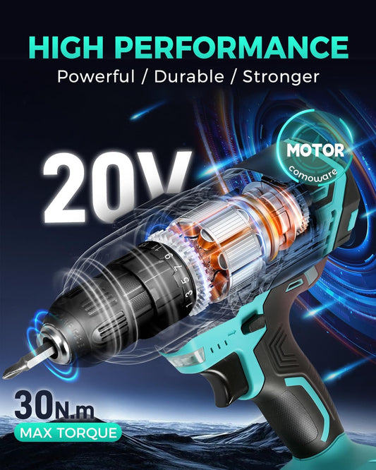 COMOWARE 20V Cordless Drill, Electric Power Drill Set with 1 Battery & Charger, 3/8” Keyless Chuck, 2 Variable Speed, 266 In-lb Torque, 25+1 Position