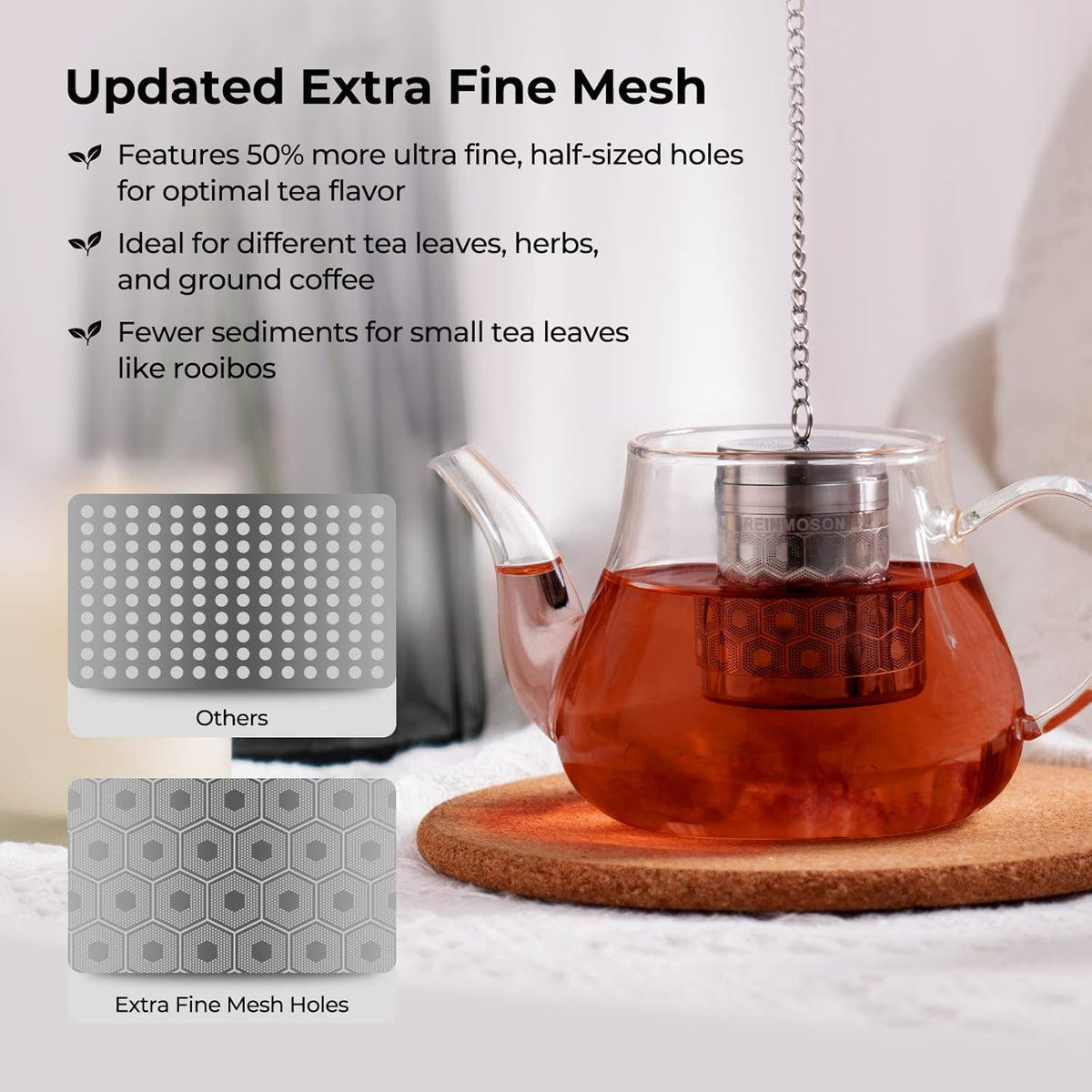 Reinmoson Tea Strainers for Loose Tea, Extra Fine Mesh Tea Infuser, 304 Stainless Steel & Updated Slim Threaded Lid, Loose Leaf Tea Steeper for Black
