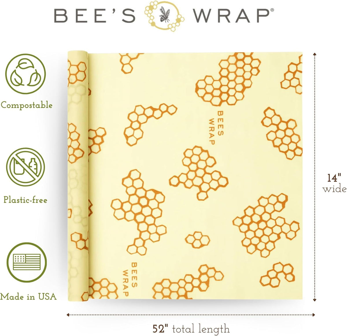 Bee's Wrap Beeswax Wraps for Food - Cut to Size 14x52" Wax Paper Roll - Made in USA Reusable Waxed Paper & Bowl Covers - Organic & Eco-Friendly