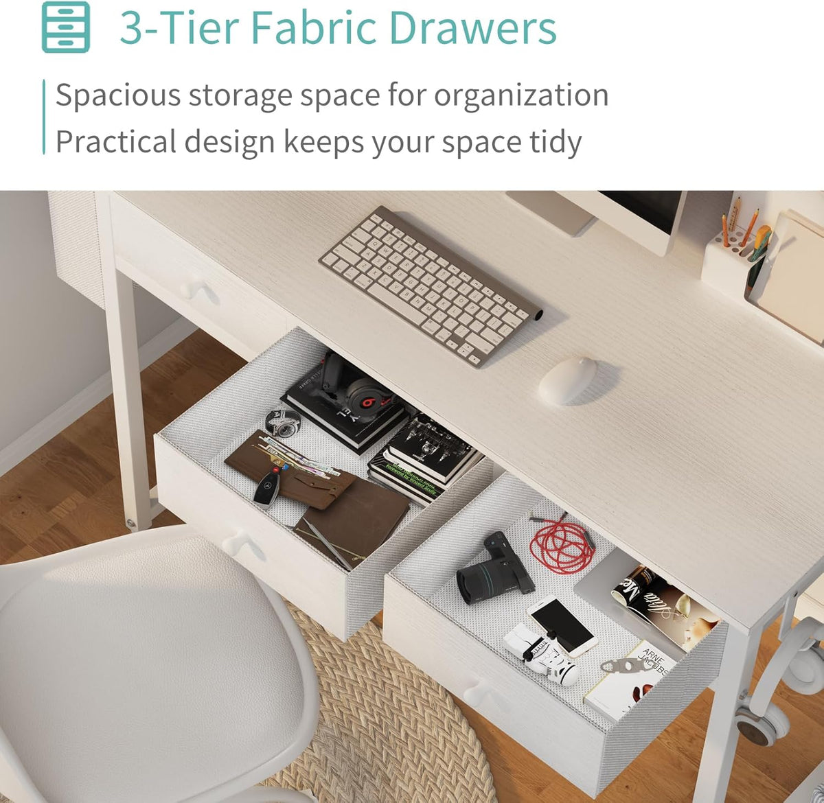Lufeiya Small White Computer Desk with Fabric Drawers for Home Office Bedroom, 40 Inch Vanity Desk with Drawer Storage and Side Pouch, Study Writing