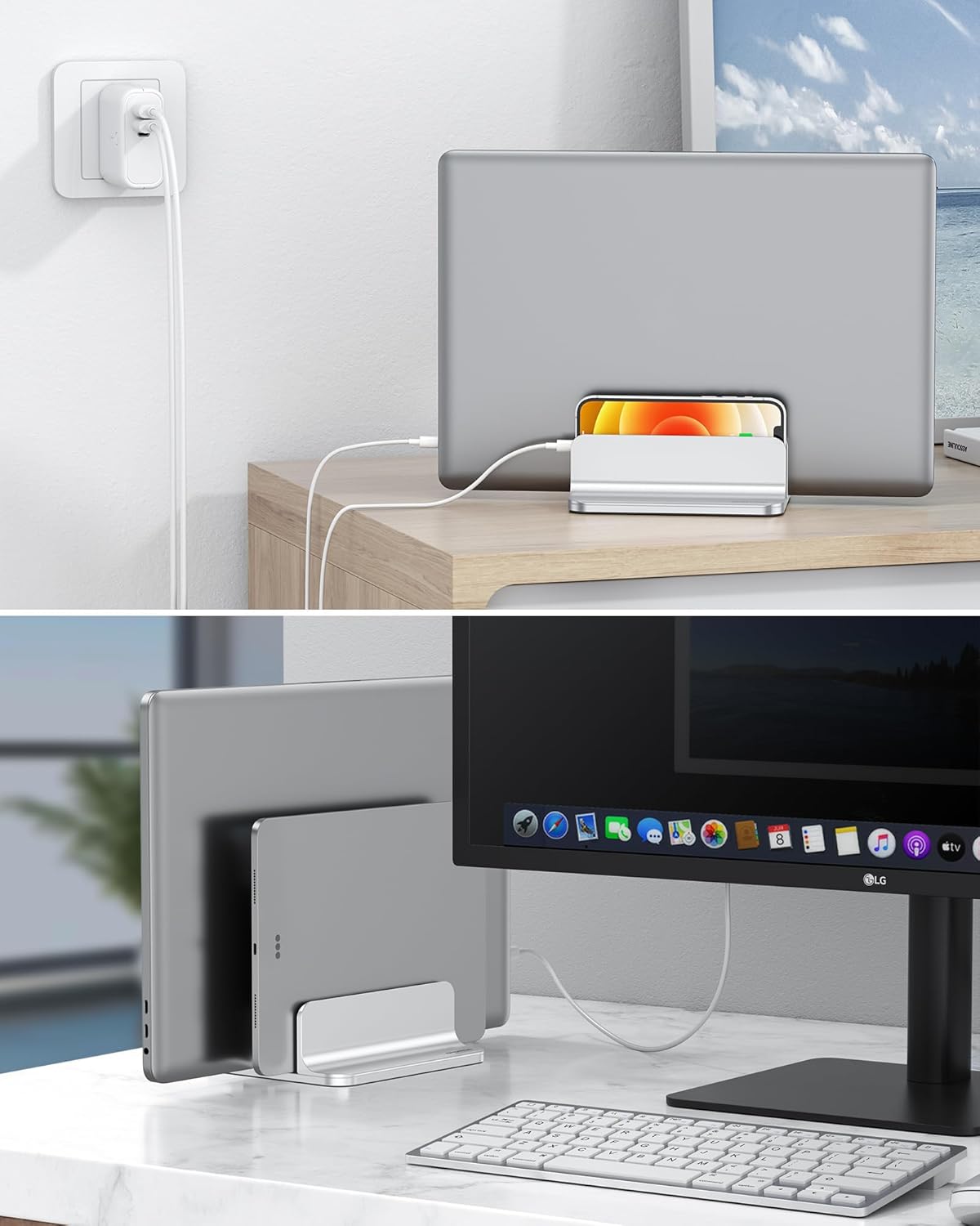 OMOTON [Updated Dock Version] Vertical Laptop Stand, Double Desktop Stand Holder with Adjustable Dock (Up to 17.3 inch), Fits All