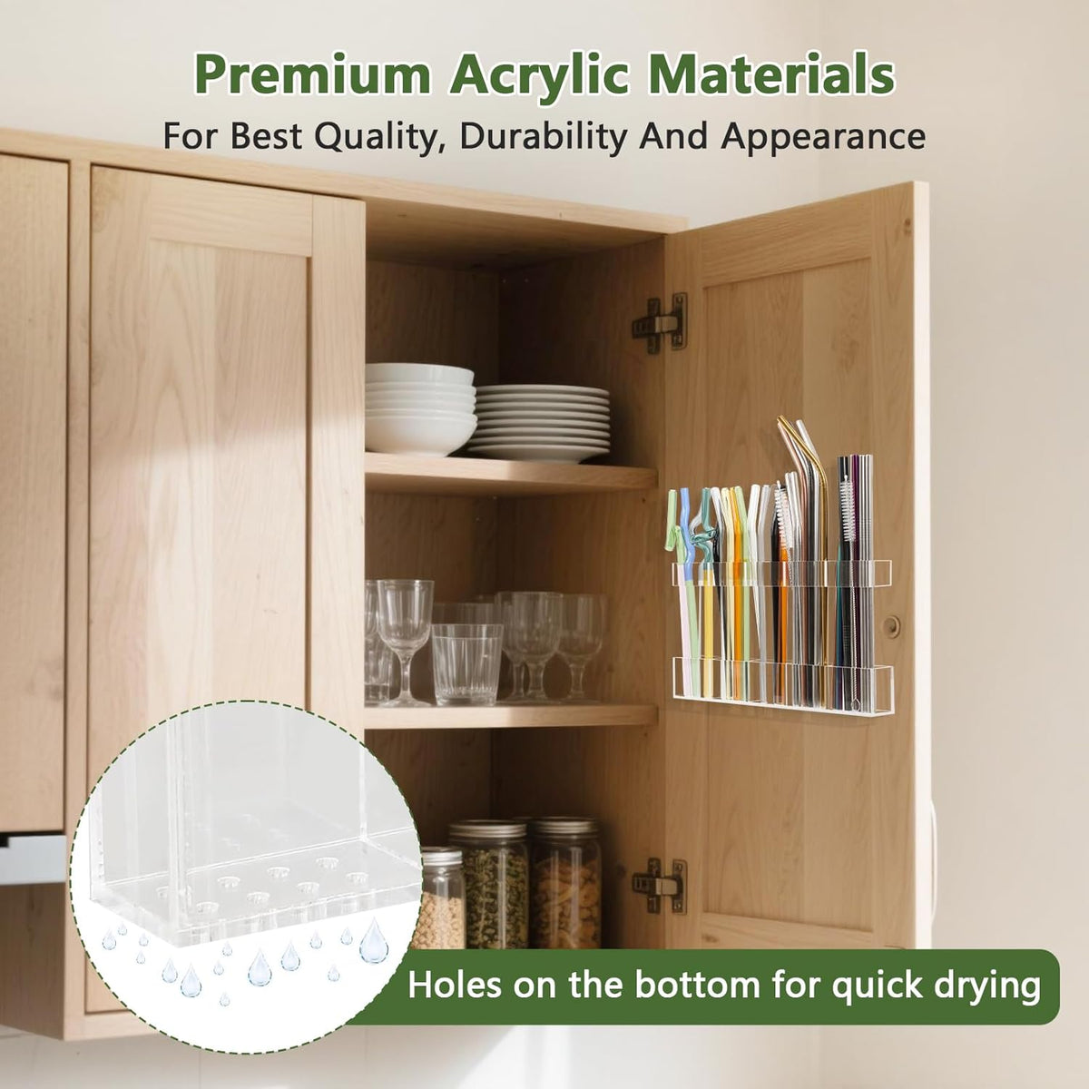 9.5” Large Acrylic Straw Holder for Cabinet Door - Reusable Tumbler Straw Organizer Storage, Small Kitchen Accessories Container, Ultra Sticky