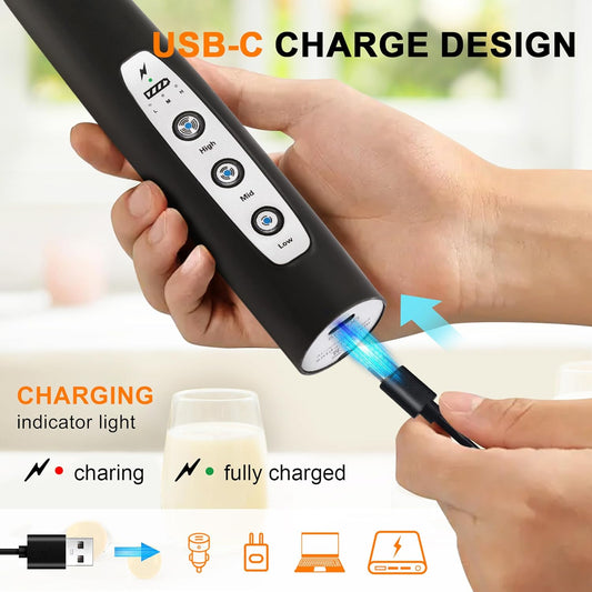 YUSWKO Black Handheld Milk Frother Wand for Coffee, Rechargeable Electric Whisk with 3 Heads 3 Speeds Drink Mixer Coffee Frother For Latte