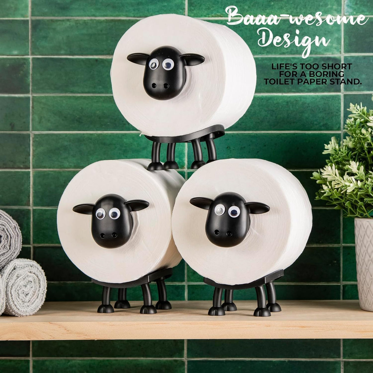 VELENTI Sheep Toilet Roll Holder, Free Standing Bathroom Set, 3D Printed, Funny Hilarious Black Sheep Loo Roll Holder, Tissue Paper Storage, Cute