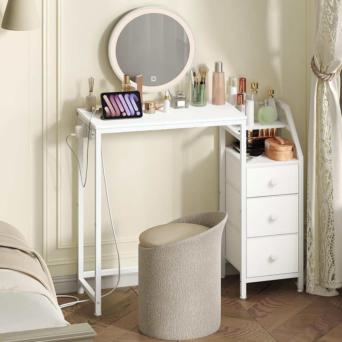 Small Vanity Desk Without Mirror, Makeup Vanity Table with Power Outlet, White Vanity with Fabric Drawers, Dressing Table, for Small Spaces, Bedroom