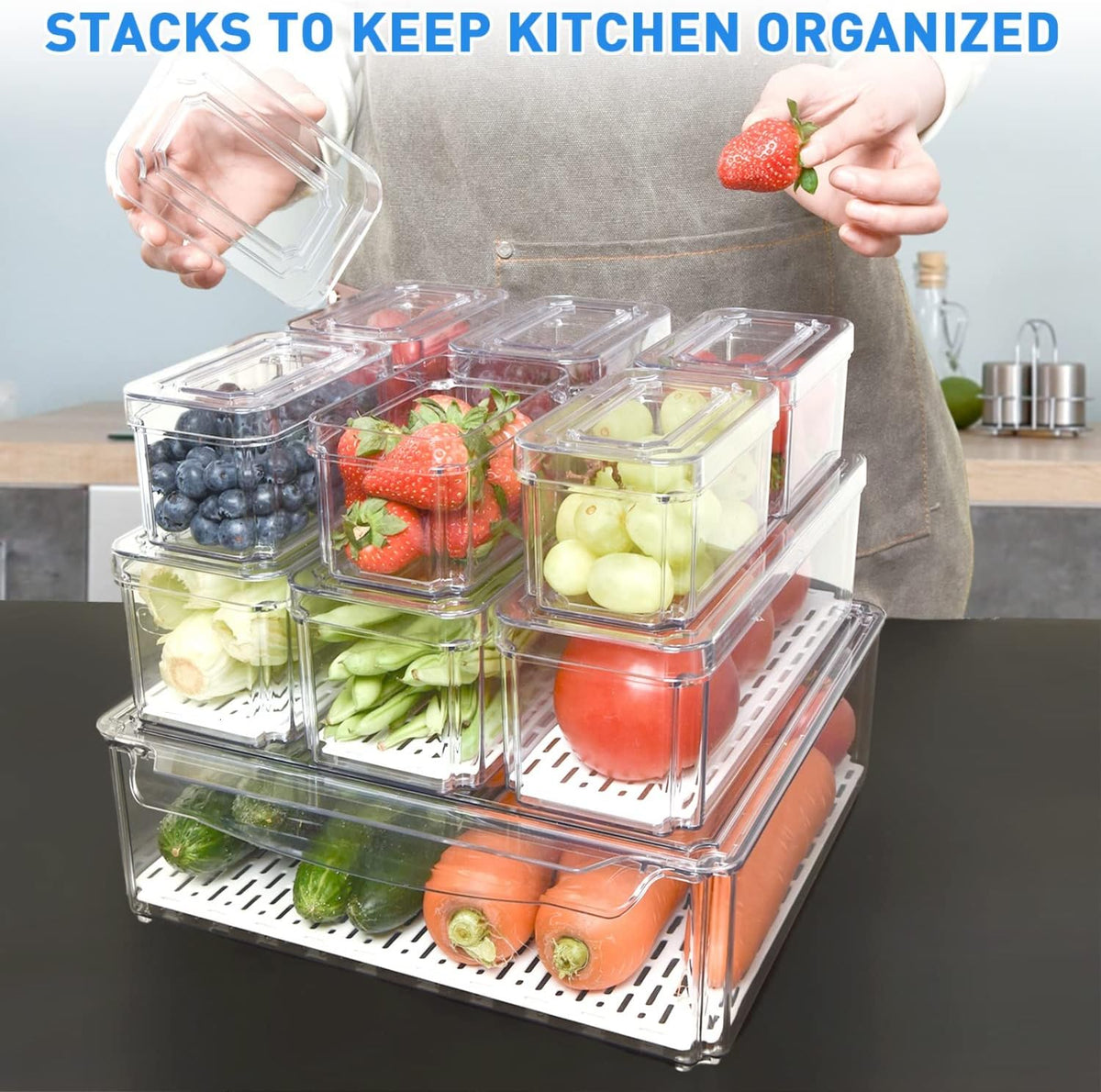 Pomeat 10 Pack Fridge Organizer, Stackable Refrigerator Bins with Lids, BPA-Free Produce Fruit Storage Containers for Fridge, Clear for Food, Drinks