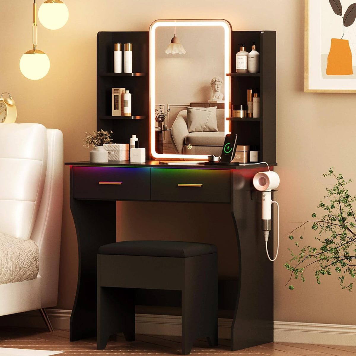 Vanity Desk with LED Lights Mirror & Power Outlet, Small Makeup Vanity Table Set with Storage Drawers & Chair, 3 Lighting Modes & Adjustable