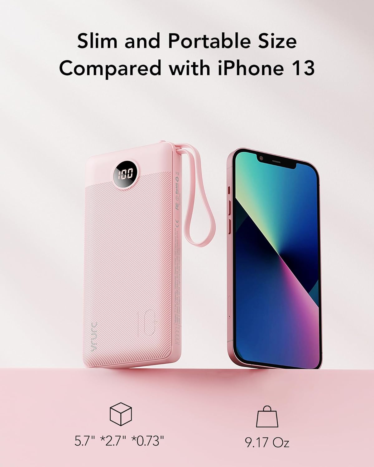 VRURC Portable Charger Power Bank, 10000mAh Travel Essentials Battery Pack, 5 Outputs 2 Inputs Slim Charging Bank Built-in Cables Cords Wires