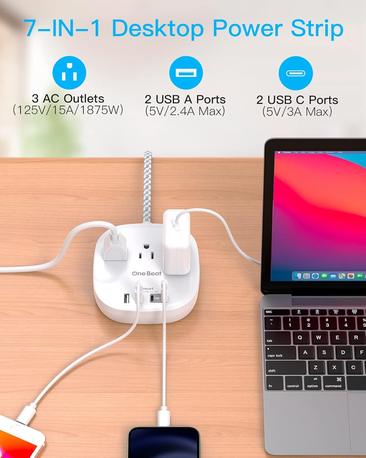 Flat Plug Power Strip, 6ft Ultra Flat Extension Cord - 3 Outlets 4 USB Ports (2 USB C) 22.5W/4.5A Desktop Charging Station, Power Strip No Surge
