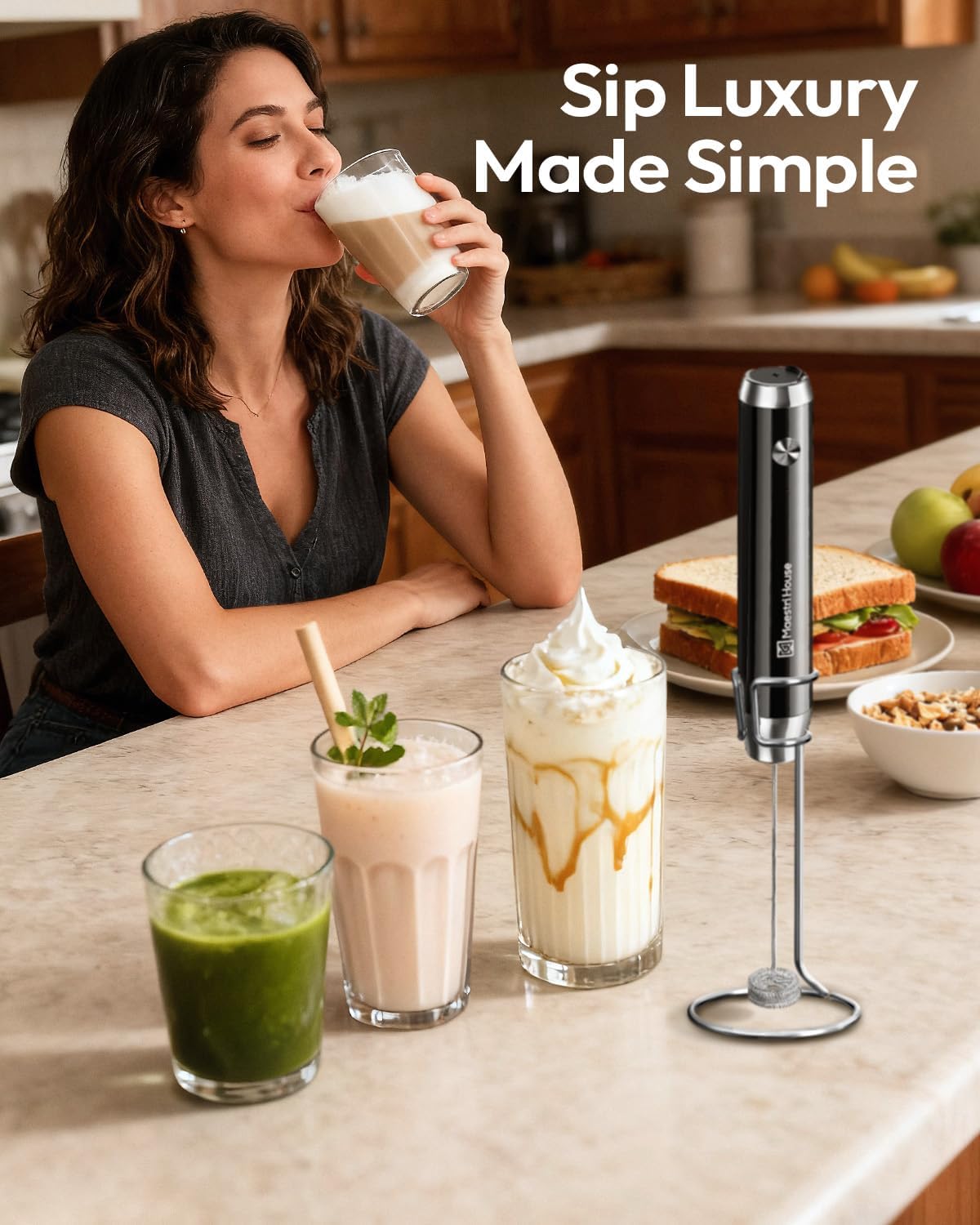 Maestri House Rechargeable Milk Frother with Stand, LunaFro Handheld Electric Foam Maker Waterproof Detachable Stainless Steel Whisk Drink Mixer