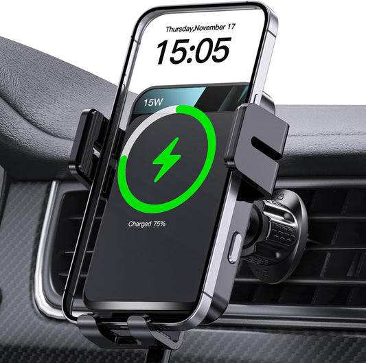 Wireless Car Charger, MOKPR Auto-Clamping Car Mount 15W/10W/7.5W Fast Charging Air Vent Car Phone Mount Compatible with iPhone 15/14/13/13 Pro/12 Pro