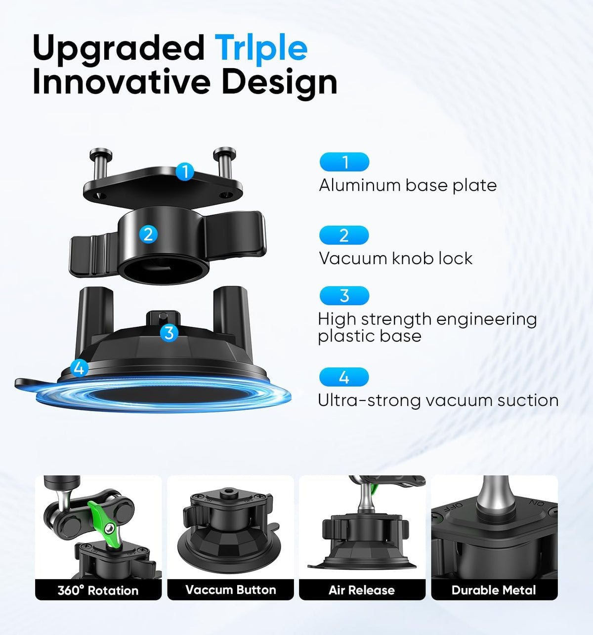 MAGIC JOHN Car Phone Holder, Ultra-Durable Mteal Phone Holders for Your Car, 360° Rotation Cell Phone Car Mount for Windshield, Suction Cup Car Phone