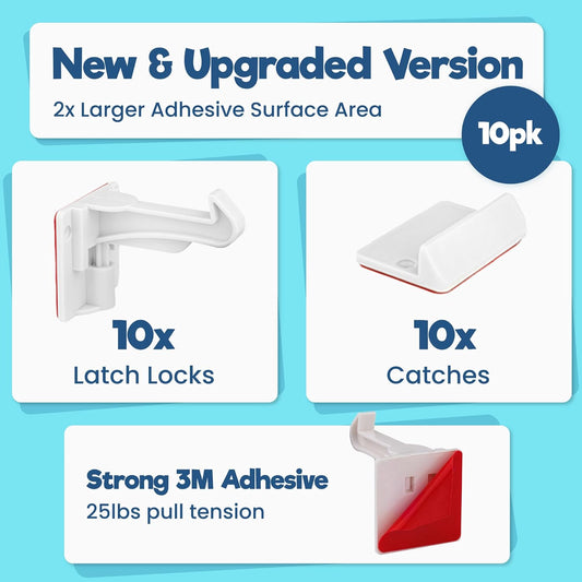 Upgraded Invisible Baby Proofing Cabinet Latch Locks (10 Pack) - No Drilling or Tools Required for Installation, Works with Most Cabinets and