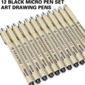 Muchcute Micro Fineliner Drawing Art Pens: 12 Black Fine Line Waterproof Ink Set Artist Supplies Archival Inking Markers Liner Sketch Outline Anime