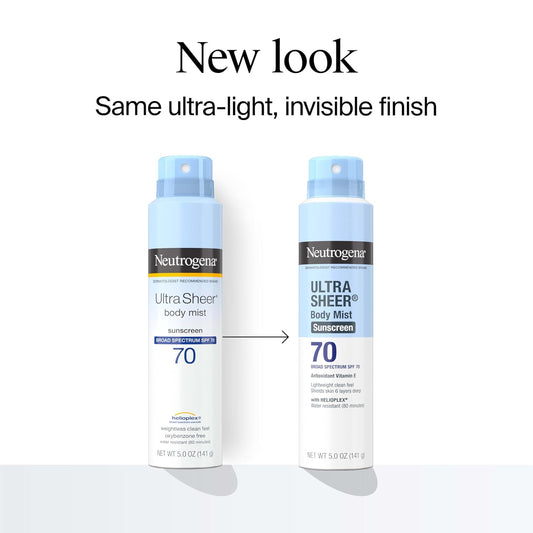 Neutrogena Ultra Sheer Body Mist Sunscreen Spray, Broad Spectrum SPF 70, Lightweight Spray Sunscreen, Non-Greasy & Water Resistant, Oil-Free