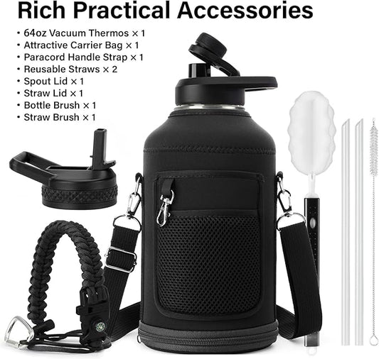 Insulated Water Bottle | Thickened Stainless Steel Vacuum Metal Thermos | Portable Sports Half Gallon Large Water Jug for Gym and Hiking with Straw